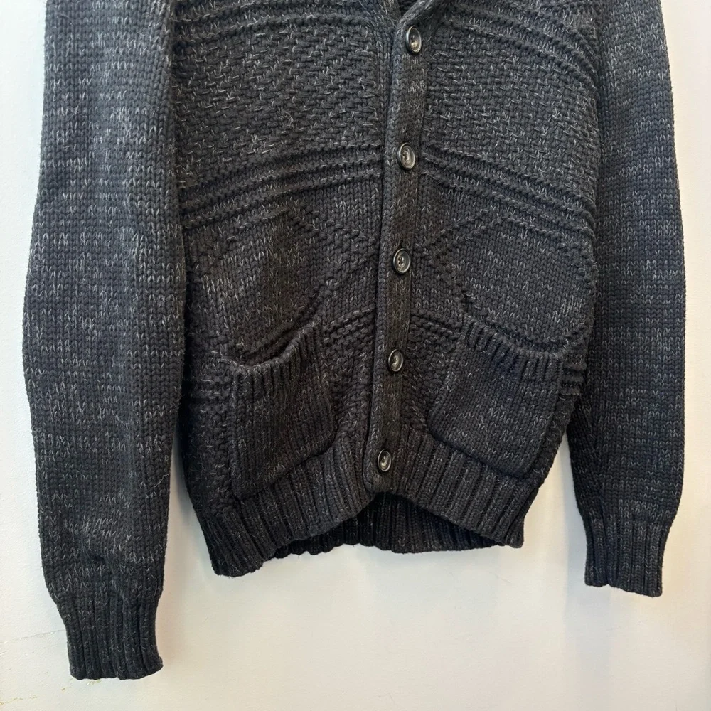 American Eagle Men’s Medium Cardigan Shawl Collar Charcoal Sweater Elbow patches